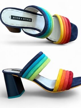 Alice + Olivia Navy Slide Sandals with Rainbow Straps